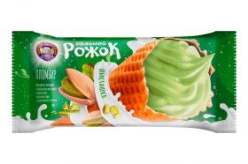Мороженое пломбир с ароматом фисташки в вафельном сахарном рожке с шоколадной глазурью